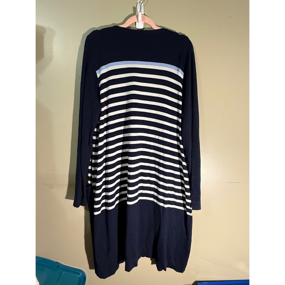 Yest Navy Blue White Striped Longline Open Front Cardigan Duster Pockets Size 12 - Picture 2 of 5
